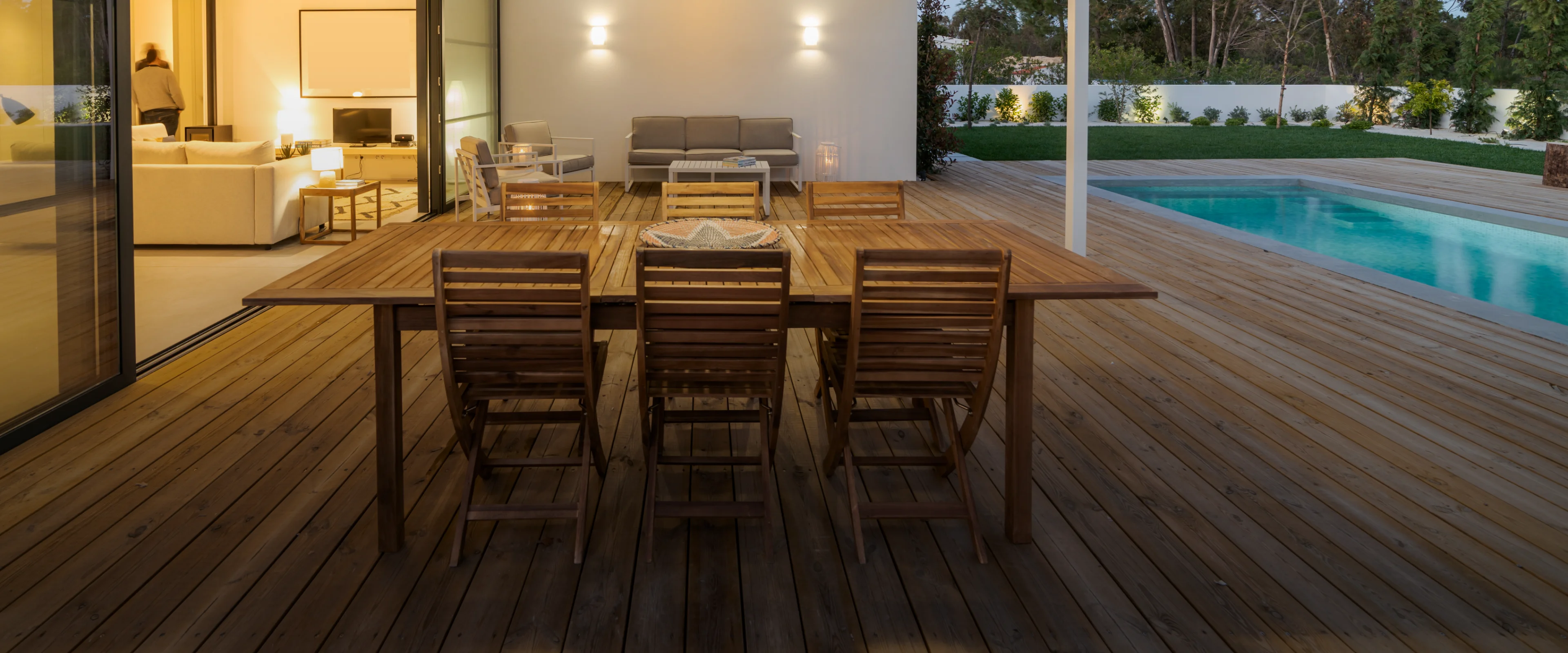 Premium Resysta pool deck at sunset
